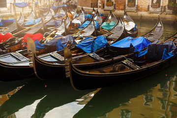 Fototapeta na wymiar Gondolas parked near St. Marks Square of Venice, Italy
