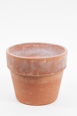 Empty brown clay pot on white background