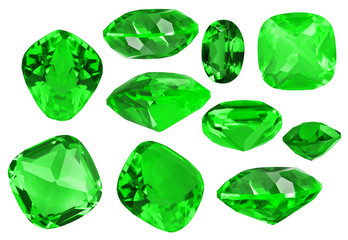 set of ten green emeralds gems on white
