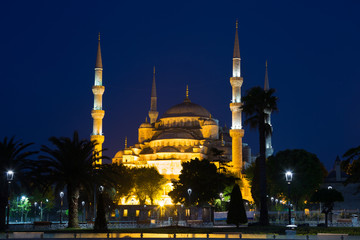 Naklejka premium Turcja, Błękitny Meczet (Sultan Ahmed Mosque) w Stambule w nocy