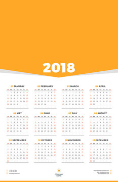 Calendar Design Template for 2018 Year. Week starts on Sunday. Stationery Design. Vector Calendar Poster with Place for Photo