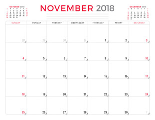 November 2018. Calendar planner design template. Week starts on Sunday. Stationery design