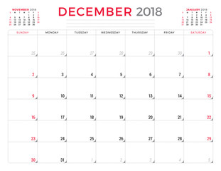 December 2018. Calendar planner design template. Week starts on Sunday. Stationery design