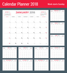 Calendar planner for 2018 year. Vector design template. Week starts on Sunday. Stationery design. Set of 12 months