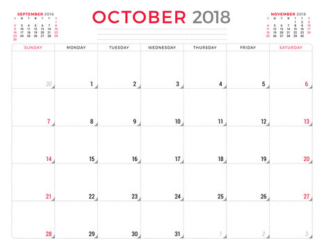 October 2018. Calendar planner design template. Week starts on Sunday. Stationery design
