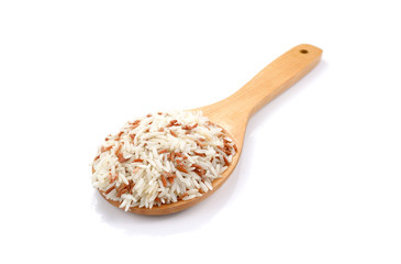 rice in wooden spoon on white background.