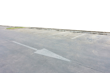 Empty parking lot with road arrow directional sign on white background with clipping path