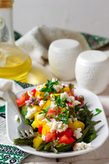 Green beans greek salad.style rustic.selective focus