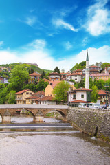 View of the Latin bridge, one of the oldest bridges of Bosnia and Herzegovina, runs through the Milyacka River in Sarajevo, Bosnia and Herzegovina