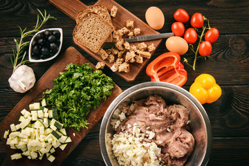 Ingredients for cooking of meatloaf, greek style kitchen.