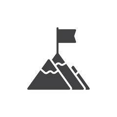 Flag on mountain top icon vector, filled flat sign, solid pictogram isolated on white. Achievement symbol, logo illustration. Pixel perfect vector graphics
