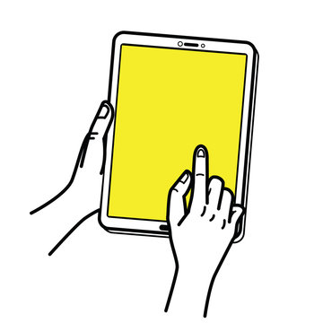 hands holding yellow tablet, tapping screen clip art preview