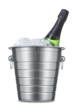 Bottle of champagne in bucket of ice isolated on a white background