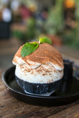 Injeolmi Bingsu (Bingsoo) - Korean dessert made from milk snow. Shallow DOF