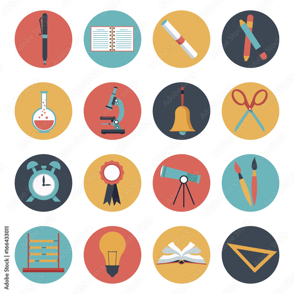 Poster white background with set of colorful circular frame school elements