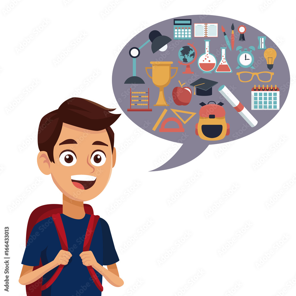 Poster white background with colorful boy student with bag and dialog box with set school elements