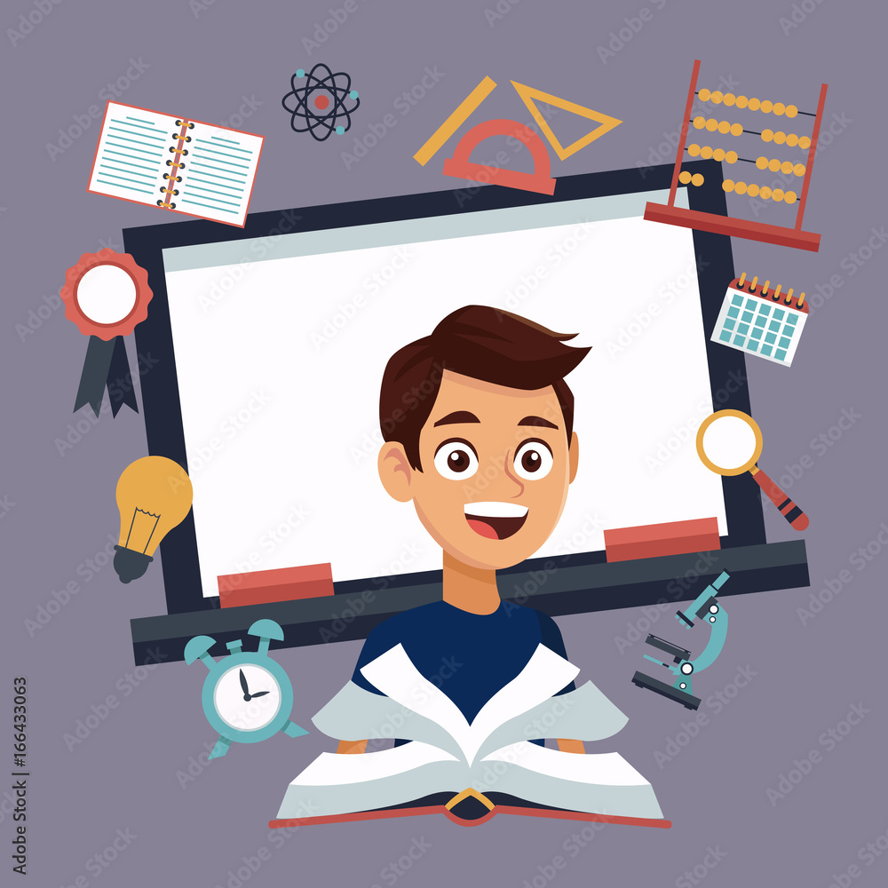 Poster color background with chalk board and boy student with book in learning with elements school