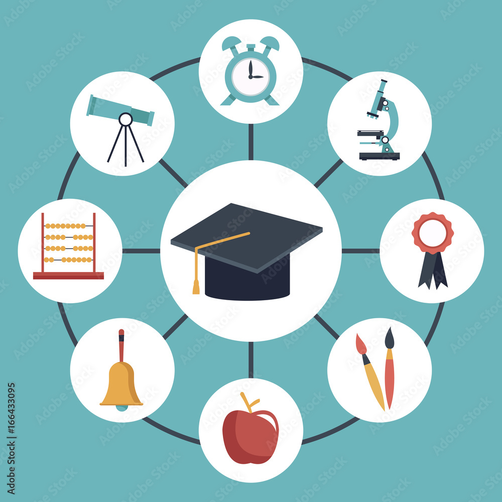 Poster color background with circular frame of graduation cap connected to elements academic in icons aroun