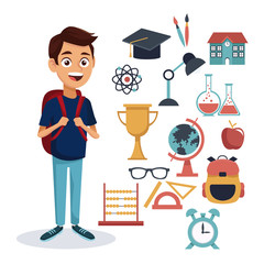 white background with colorful boy student standing full body with bag and set school elements