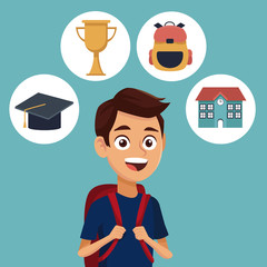 color background with student with bag and icons school elements