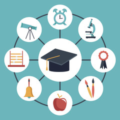 color background with circular frame of graduation cap connected to elements academic in icons around