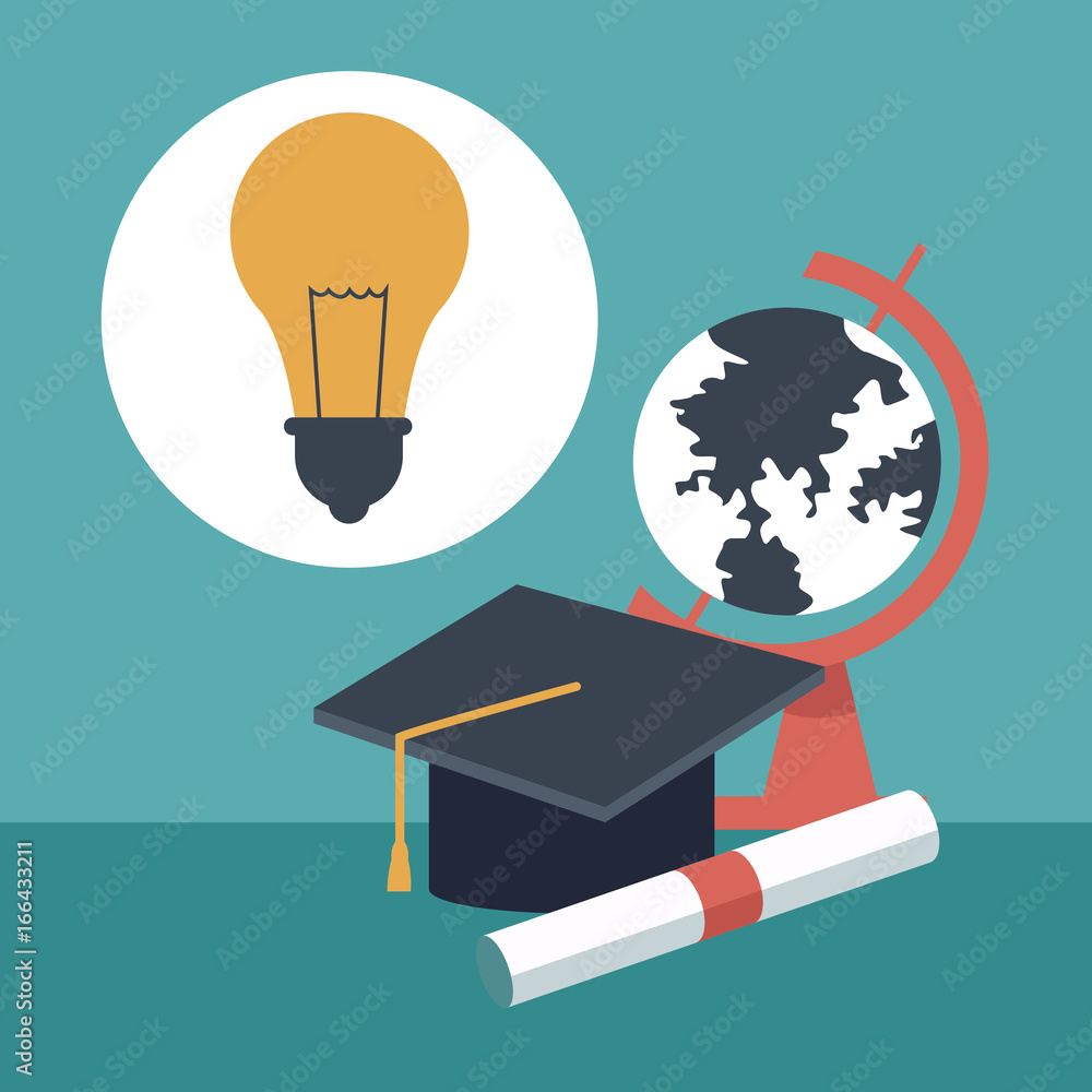 Poster color background with closeup graduation cap and certificated with globe map and light bulb icon