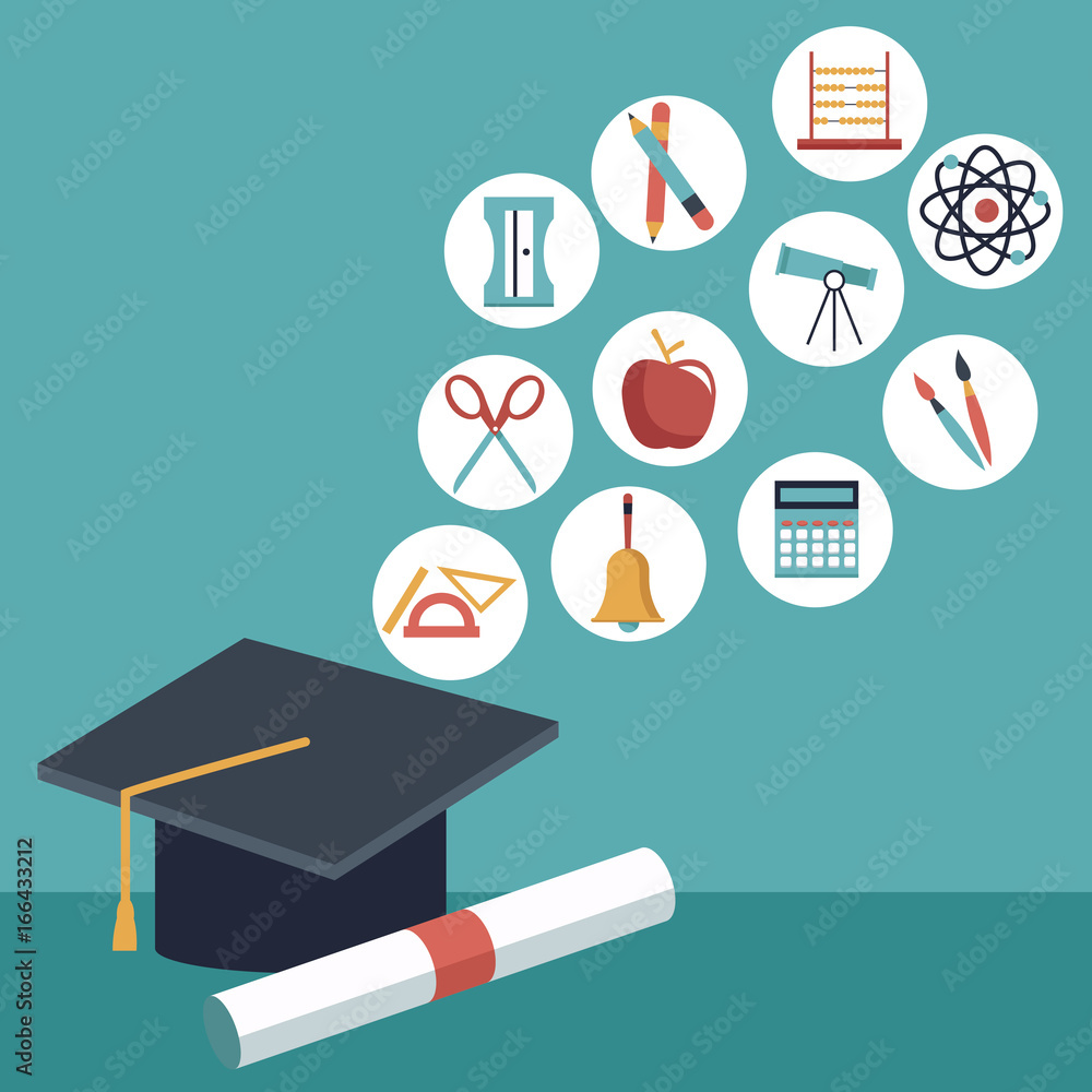 Poster color background with closeup graduation cap and certificated with elements academic in icons floati