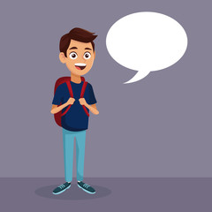 color background with full body student boy with dialog box