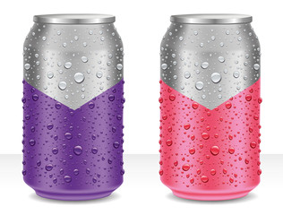 Aluminum Tin Cans in violet and pink with many water drops