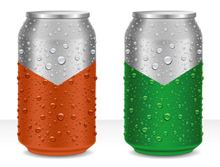 Aluminum Tin Cans in brown and green with many water drops