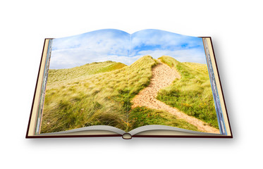 Wild Irish landscape with sand dunes - Nature trail to the beaches and the ocean (Mullagmore - Ireland) - 3D render of an opened photo book