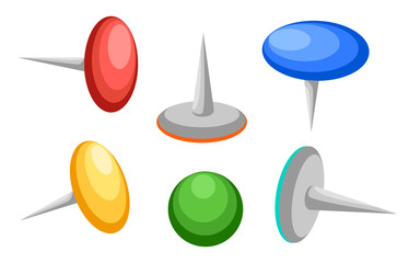 Collection of various push pins. Thumbtacks. Top view. Vector illustration. Isolated on white background. Set. Front view. Top view. Close up. Web site page and mobile app design vector illustration.
