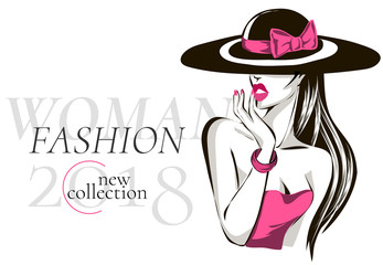Black and white new fashion collection advertisement with beautiful woman model portrait, pink dress and accessories, hand drawn vector illustration