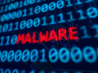 Malware red text between blue binary data background blue screen 3d rendered with depth of field