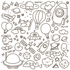 Set of Cute Air Transportation and Other Flying Objects Doodle	 - 166437604
