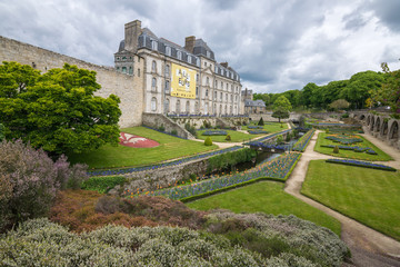 Walking on the narrow streets of Vannes in a gloomy day,  viewing Ramparts Garden, Gaillard Castle, Saint Peters and Saint Paterne Cathedral, Commune Morbihan, Brittany in Northwestern France