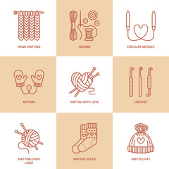 Knitting, crochet, hand made line icons set. Knitting needle, hook, scarf, socks, pattern, wool skeins and other DIY equipment. Linear signs set, logos with editable stroke for yarn or tailor store.