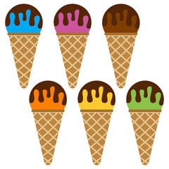 Set of ice cream balls with chocolate in a waffle horn. Vector illustration.
