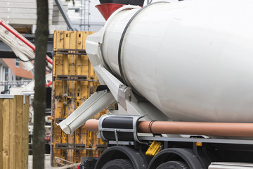Concrete mixer truck on a construction site