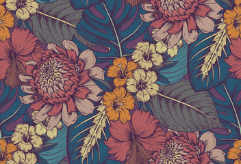 Vektornahtloses Muster mit Kompositionen von handgezeichneten tropischen Blumen