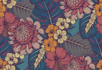Foto op Plexiglas Vector naadloos patroon met composities van handgetekende tropische bloemen © natality