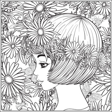 A Young Beautiful Girl With A Wreath Of Flowers On Her Head. Against The Background Of A Flower Pattern. Outline Hand Drawing Coloring Page For Adult Coloring Book.