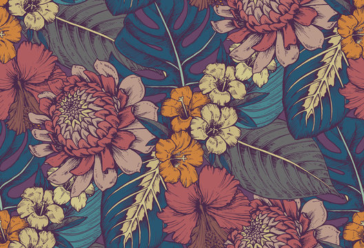 Vector seamless pattern with compositions of hand drawn tropical flowers