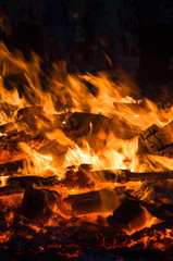 Fototapeta premium burning wood closeup in real; firereal fire flame render, bonfire campfire\ camp fire hot orange flame. 