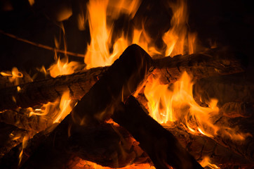 burning wood closeup in real; firereal fire flame render, bonfire campfire\ camp fire hot orange flame. 