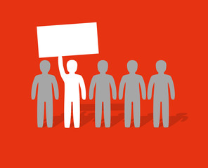 Grafik mit nebeneinander stehenden Figuren auf Roter Fläche. Eine Figur erhebt ein Schild
