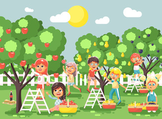 Obraz na płótnie Canvas Vector illustration cartoon characters children boys and girls harvest ripe fruits autumn orchard garden from plum, pear, apple trees, put crop in full basket landscape scene outdoor flat style