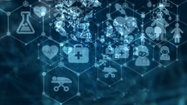 4K Abstract background Animation moving pass through dot and connection line with medical and health icon for futuristic cyber technology over dark background