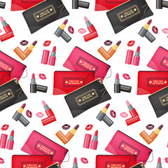 Female beauty. Seamless background of colored bags for cosmetics and lipstick