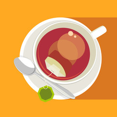 White cup of carcade tea with with green tea bag (blank label) on orange background. Top view. Vector illustration.
